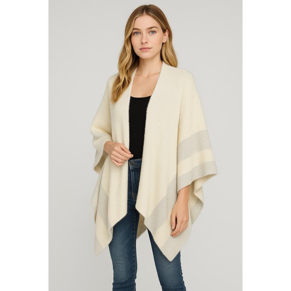 Lizard Thicket Cream Heather Gray Stripes Knit Sweater Poncho One Size Cozy Soft